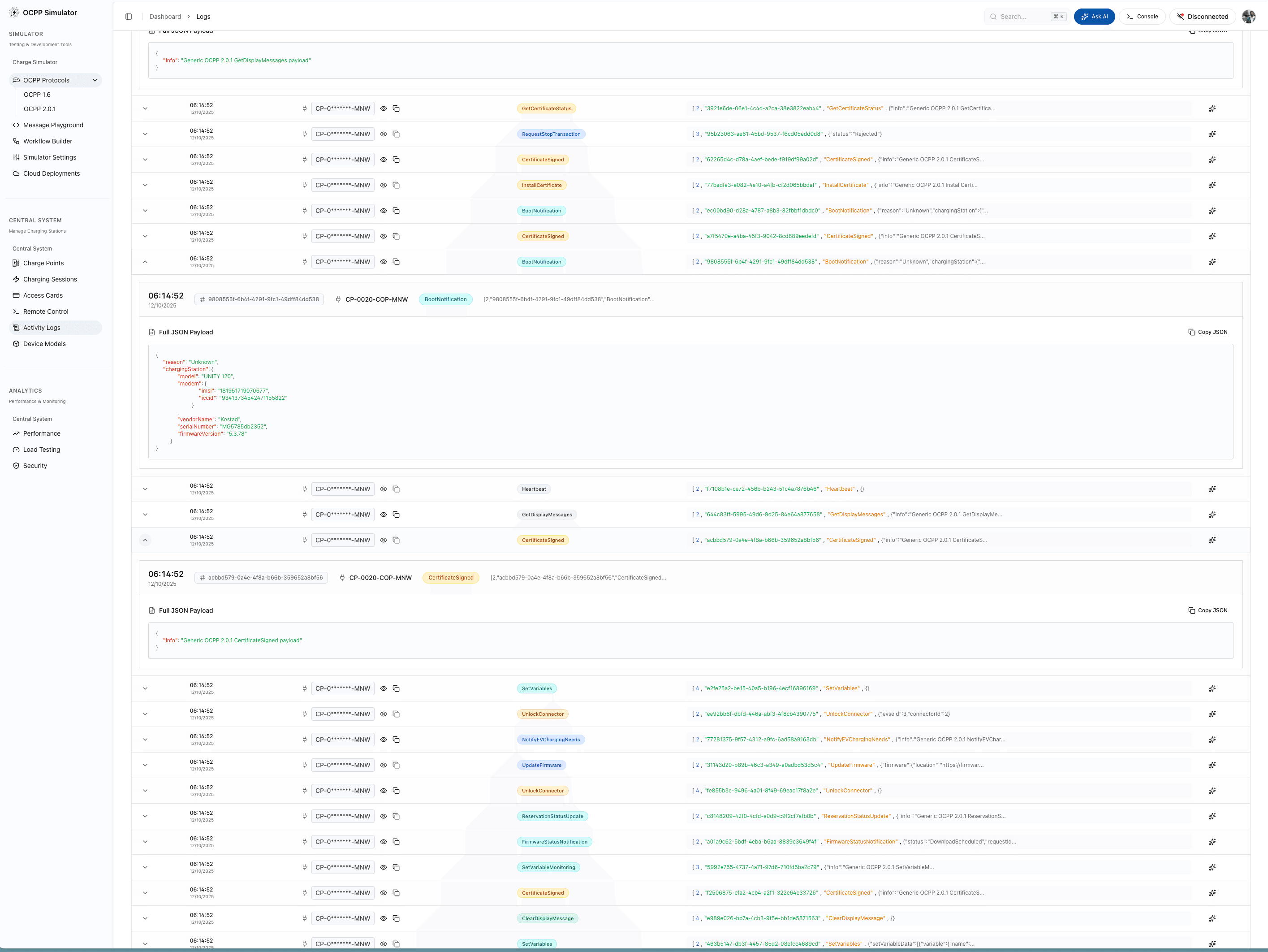 OCPPLab protocol log viewer on the pricing page