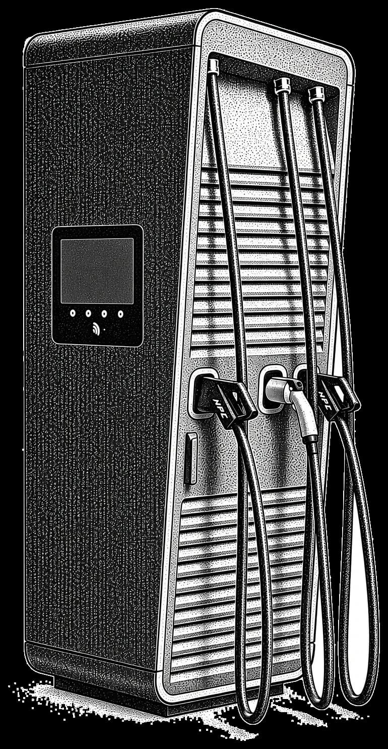 Stipple illustration of a DC charging cabinet with three cables