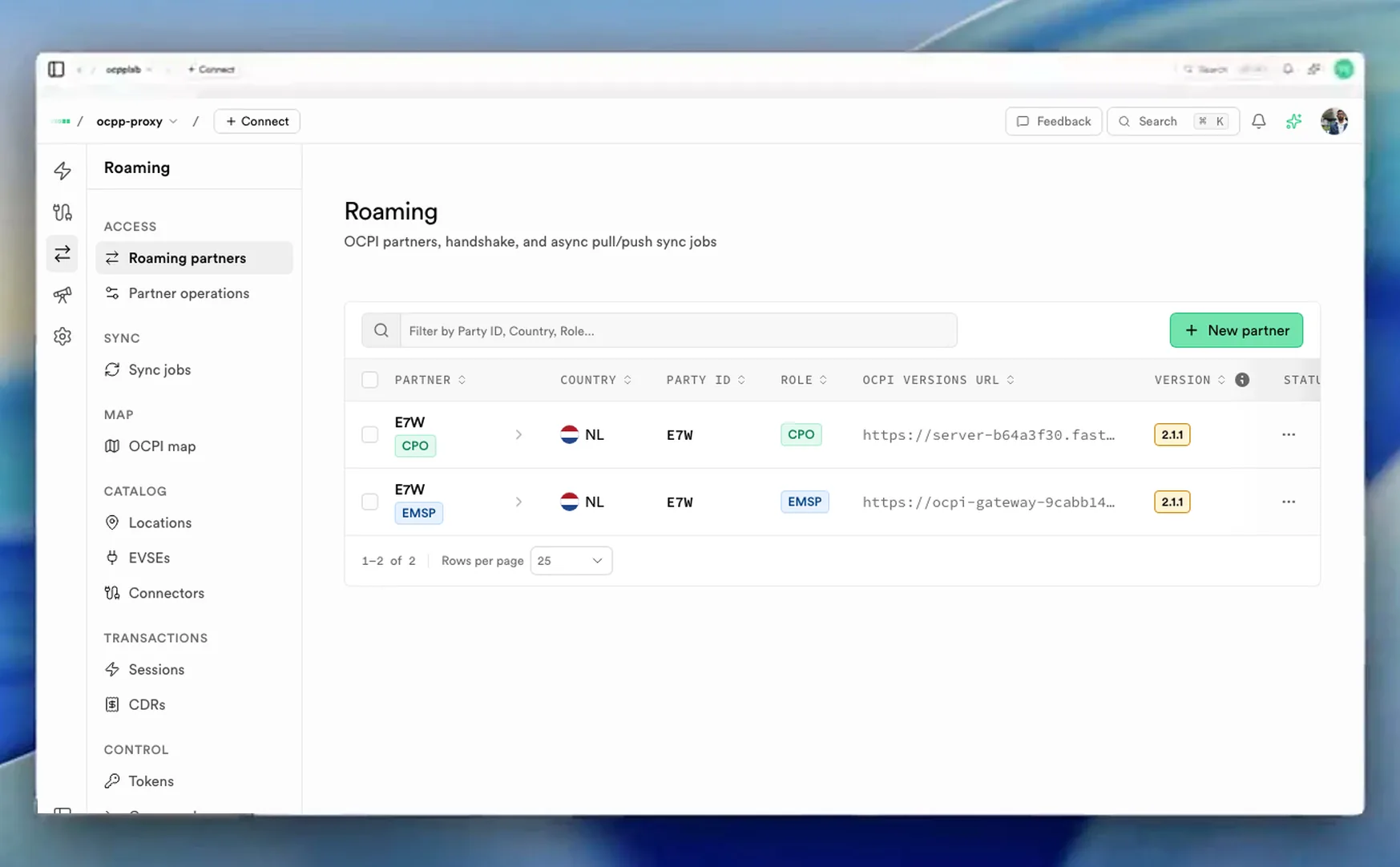 ev-cloud OCPI roaming partners list with party role and handshake status