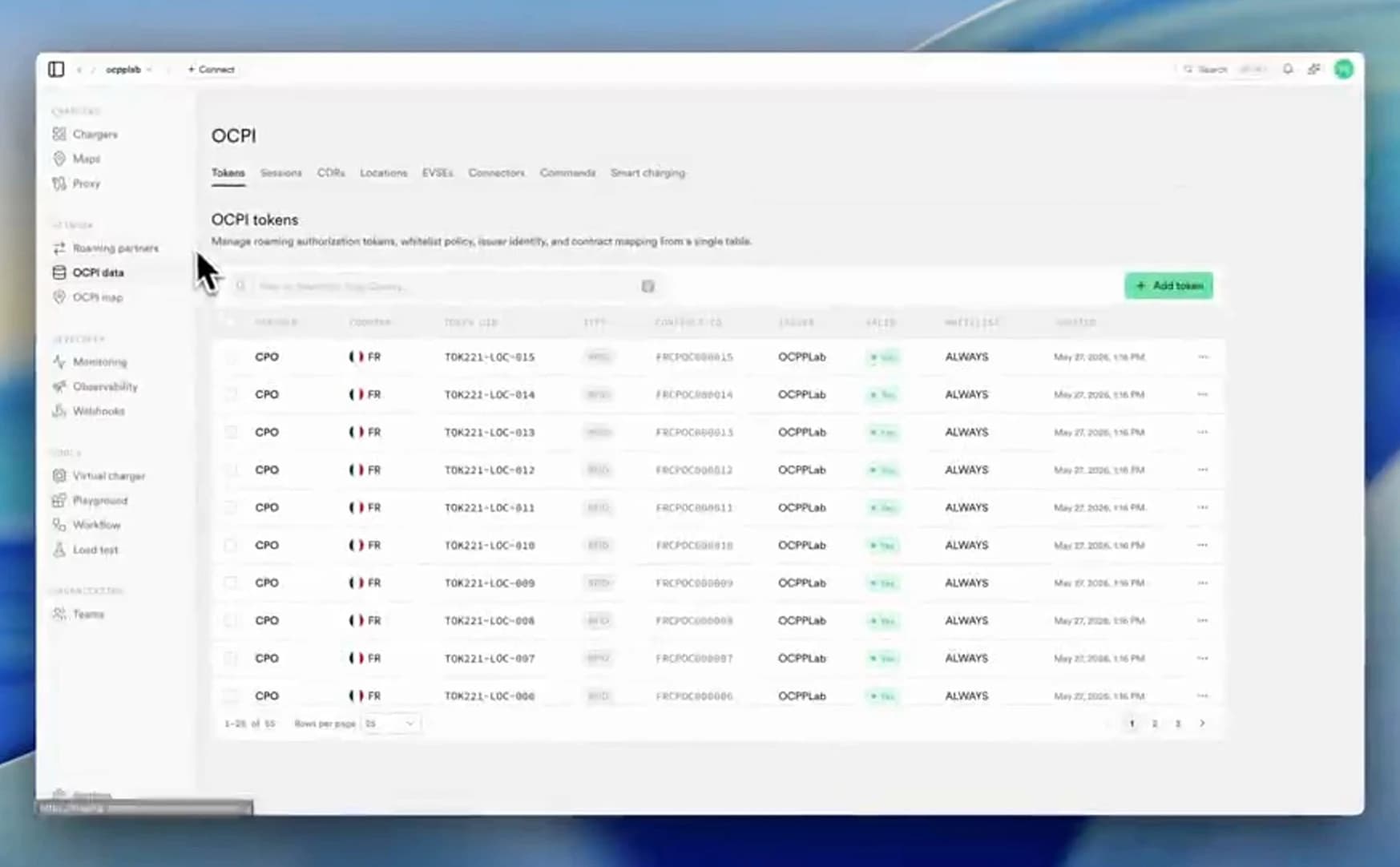 ev-cloud OCPI tokens list for roaming authorization