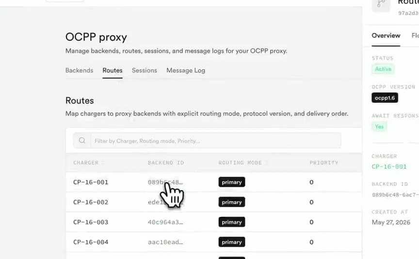 OCPP proxy routes table mapping virtual charge points CP-16-001 onward to backends