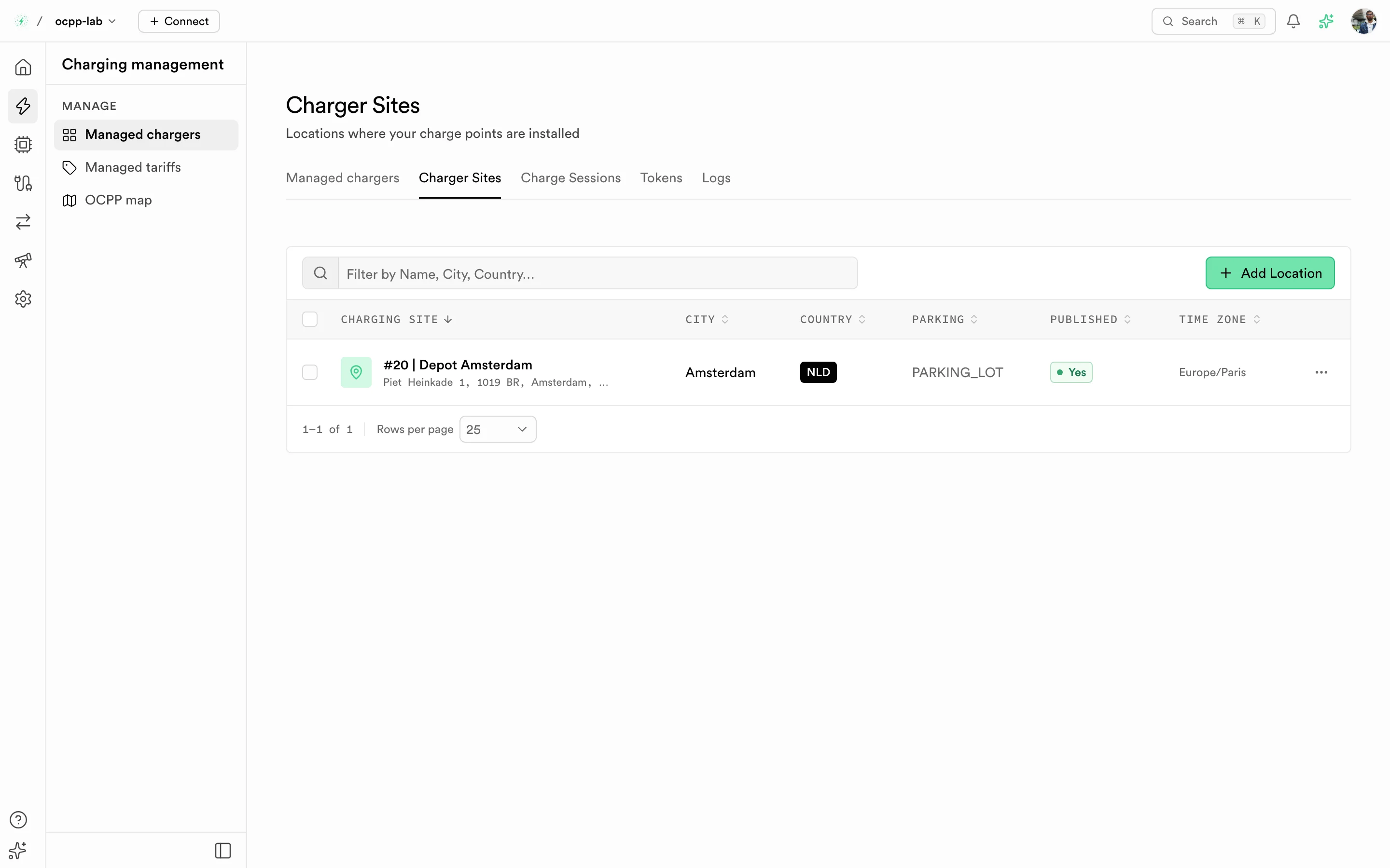 Charger Sites tab with one site in Paris
