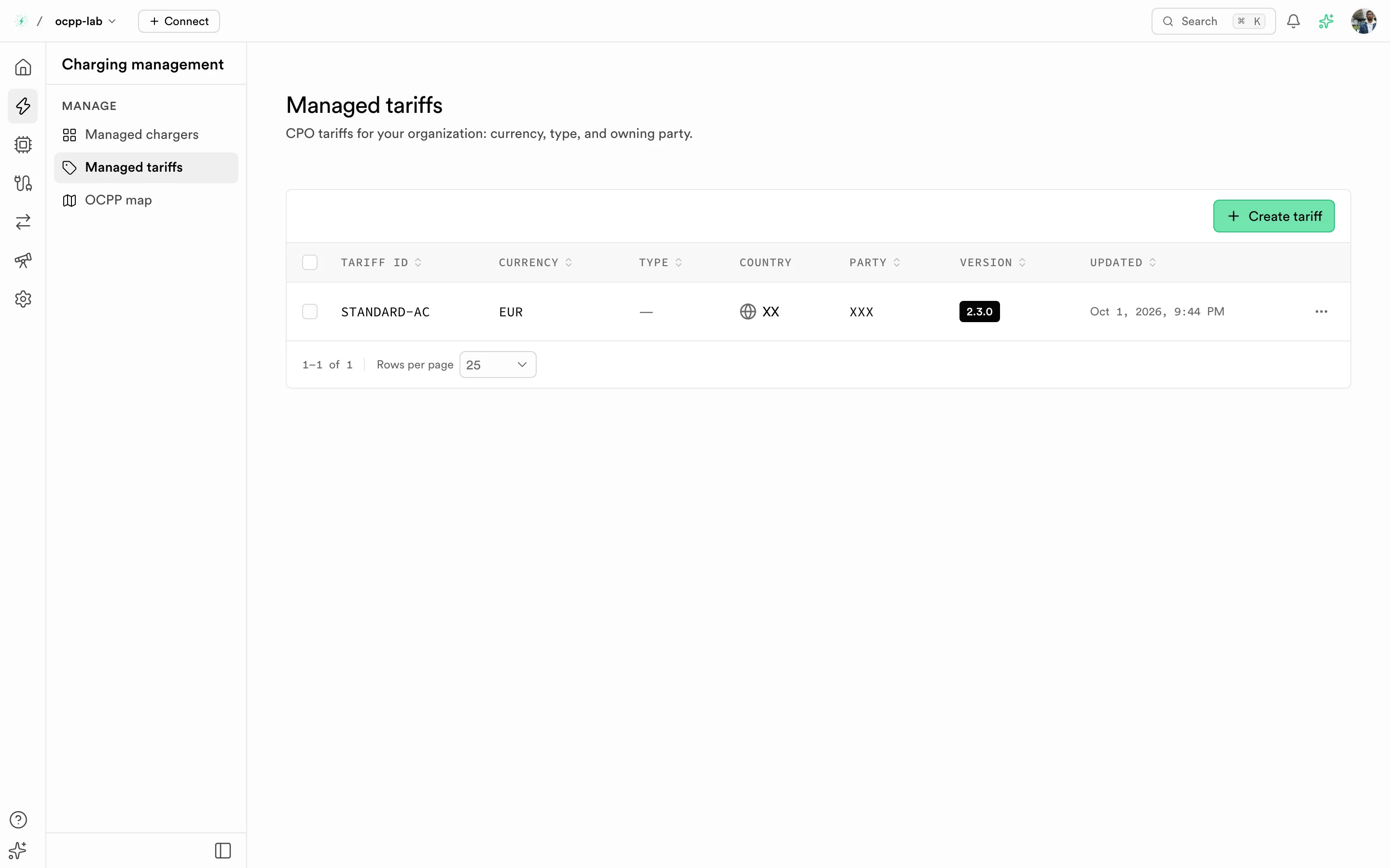 Managed tariffs list with tariff ID, currency, country, party, version, and updated columns